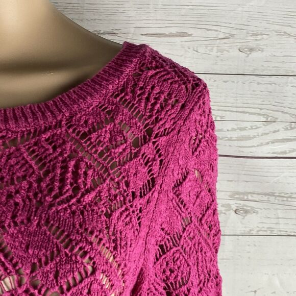 LC Lauren Conrad Sweater Medium Bright Pink Crochet Lace Front Tie Back Knit Top - Picture 4 of 12